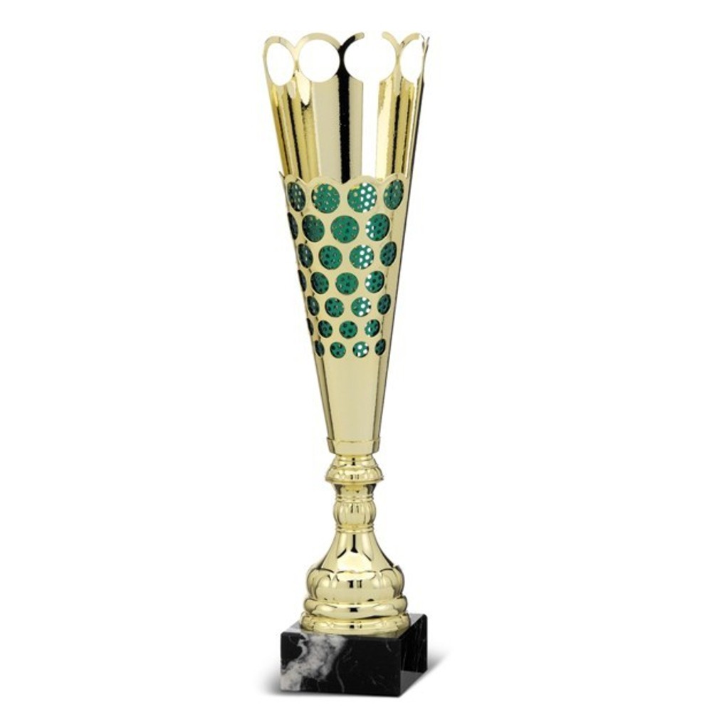 Coppa sportiva cerchi d'oro. Design moderno a cono alto con cerchi  fustellati, finiture in oro cromato e verde metallizzato.